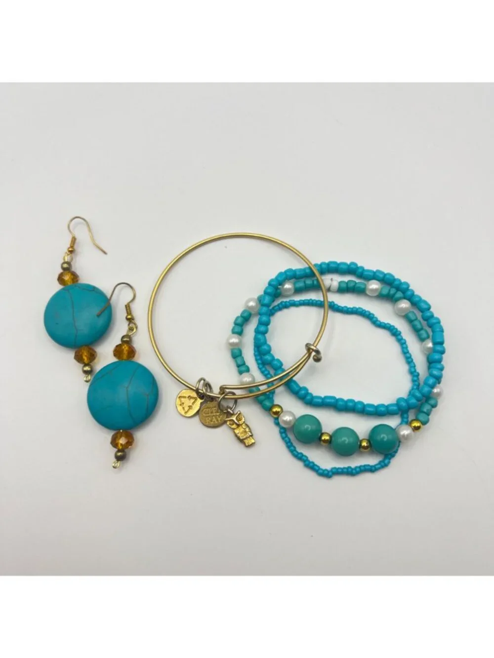 Boho Bracelet Stack Clea Ray Owl Turquoise Howlite Glass Bead Earrings Gold Tone - Picture 2 of 10